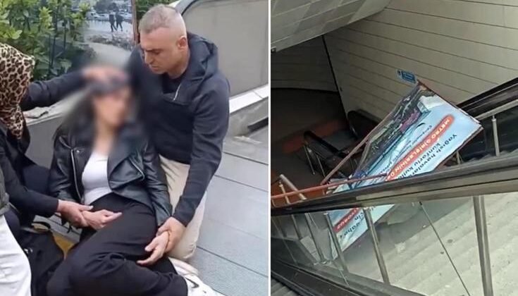 Yürüyen merdivenlerde reklam panosu genç kadının üzerine düştü